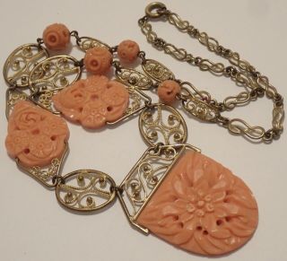 Vintage Art Deco Brass Filigree Carved Faux Coral Celluloid Necklace