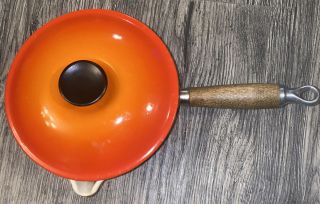 Vintage Le Creuset France Sauce Pot Pan,  Lid 18 Orange Flame Loop Wood Handle