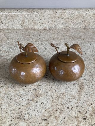Set Of 2 Hand Hammered Solid Copper Apple Sugar Bowls Made In Mexico