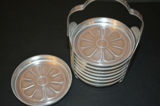 Set of 8 Vintage Aluminum Coasters Daisy Flower w/ Caddy Antique 3