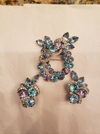 Vintage Eisenberg Blue And Violet Rhinestone Brooch Pin W/ Clip Earrings