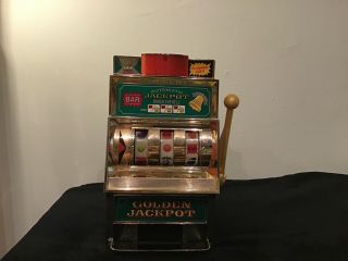 Vintage Golden Jackpot 25 Cent Slot Machine Bank Waco Collectible Made In Japan.