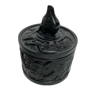 Boma Canada Native Folk Art 3” Tall & 2.  5 " Wide Black Round Trinket Box