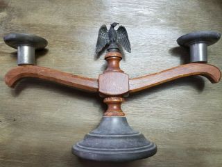 Vintage Rustic 11” Pewter & Pine Candelabra With Worn Wood Base And Brass Eagle