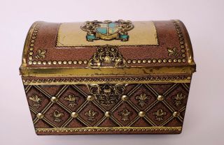 Vintage Royal Treasure Chest Tin Made In Western Germany Gold Brown Teal 6 " W
