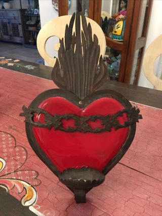 Mexican Folk Art Tin Flaming Sacred Heart Wall/hanging Candle Holder