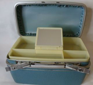 Samsonite Silhouette Blue Train Case Hard Luggage Make Up Tray Mirror Vintage