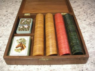 Vintage Bakelite Poker Chips Set W/ Wooden Carrier Box Playing Card Holder - 300,