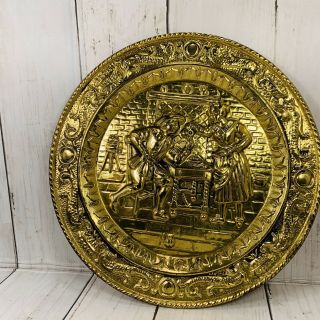 Brass Embossed Plate Pub Tavern Scene Wall Hanging 9in England Mcm