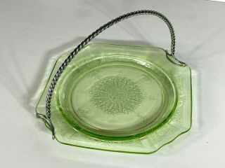 Vintage uranium glass cake plate art deco with chrome handle detatchable 1930s 3