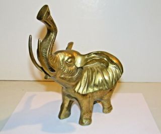 Vintage Large Heavy Brass 10 " Elephant Statue Figure With Trunk Up & Tusks Vgc