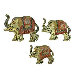 Set Of 3 Vintage Painted Brass Elephant Wall Hangings – 6″,  5″,  & 4″ – India
