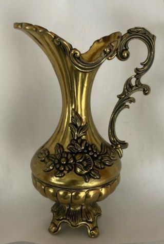 Vintage Brass Ornate Floral Vase Pitcher Made In Italy Ornate 7 " Tall Stamped