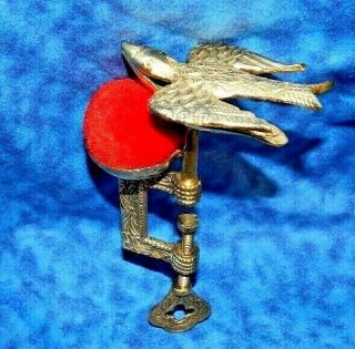 Brass Sewing Bird W Pin Cushion Clamps To Table Victorian Style 7 1/4 " Long Exc