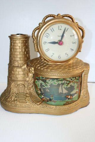 Vintage United Clock Corp Model 290 Lighthouse With Sailboats In Motion