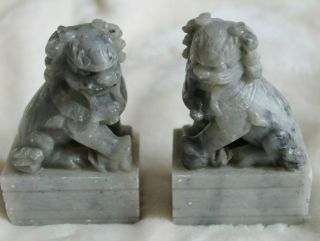Soapstone Carved Fu Foo Dogs Chinese Guardian Lion Statues Figures Small Gray