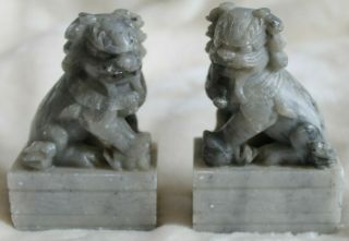 SOAPSTONE CARVED FU FOO DOGS CHINESE GUARDIAN LION STATUES FIGURES SMALL GRAY 2