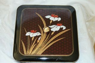 Square Black Floral Japanese Lacquer Large Bento Box With Lid Japan Shippi
