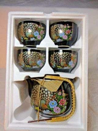 Japanese Design Black Tea Pot And Cups Set Peacock Floral Design Home Decor