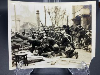 1932 Photograph Shanghai War Battle Chinese Soldiers Taking Cover Behind Barrier