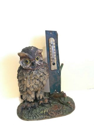 Vintage Cast Iron Owl Paper Weight Thermometer