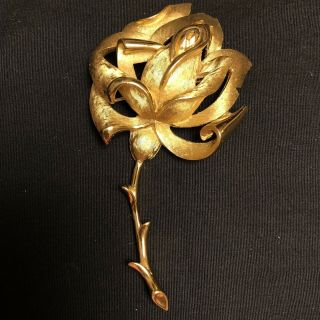 Vtg L Trifari Rose Brooch Long Stem Flower Pin Mixed Finishes Dimensional 3,  ”