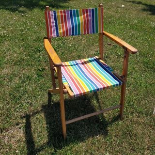 Vintage Wooden Canvas Lawn Chair Retro Rainbow Color Block Fold Up