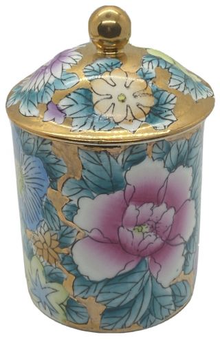Vintage 6” Canton Famille Rose Gold Background Porcelain Tea Cup Mug Lid