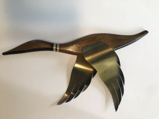 Vtg Mcm Teak Wood Flying Duck Goose W Brass Metal Wings Wall Hanging Decor 22 "