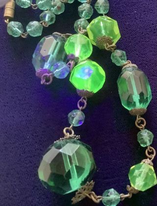 Vintage Art Deco Czech Filigree Neiger Uranium Green Glass Necklace C1930’s