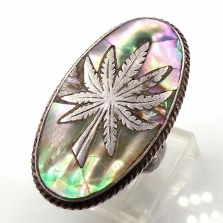 Vtg Taxco Large 6.  7gr Sterling Silver Abalone Inlay Marijuana Ring Size 6 Fz