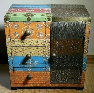 Vintage Embossed Metals Hand Painted Wood Jewelry Box 3 Drawers Necklace Hanger