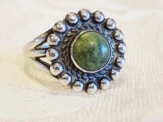 Old Fred Harvey Era Sterling Silver & Deep Green Turquoise Ring Sz 7 Southwest