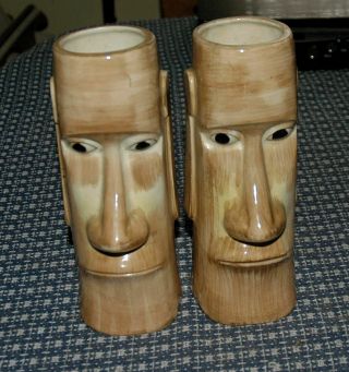 2 Tiki Mugs Vases Moai Easter Island Head Hawaii Kai Otagiri Japan