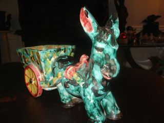 Vintage Italian Donkey Pulling Cart Planter Majolica Ceramic Hand Painted
