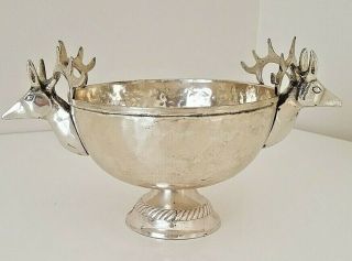Silver Stag Head Handle Bowl Hammered Silver 6 " Bowl 8 Tip Deer Antlers Unsigned