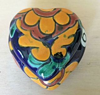 Mexico Ceramic Lidded Heart Trinket Dish Jar Box Talavera Pottery Colorful