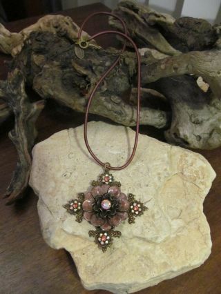 Vintage Liz Palacios S.  F Brass Tone Enamel Flower Rhinestone Cross Necklace