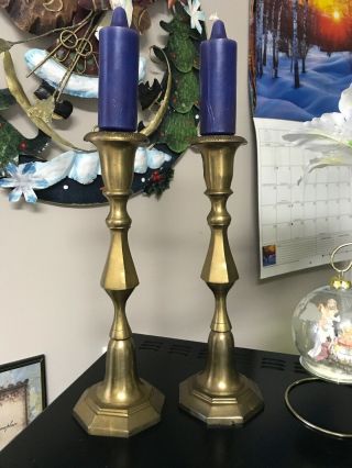 Vintage Set (2) Solid Brass Candlestick Candle Holders 10 3/4” X 3.  5” Octagonal