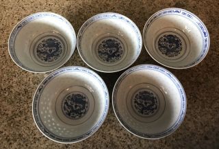 Chinese Rice Eye Pattern - Blue & White - Dragon - Set Of 5 Bowls