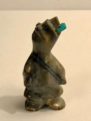 Carved Marble Stone Zuni Fetish Bear Salmon Fish Andres Quam Artist Signed Aq