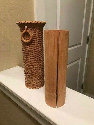 Japanese Bamboo Ikebana Flower Vase,  11 " With Bamboo Liner,  Cira 1970
