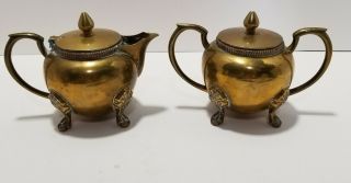 Vintage Creamer And Sugar With Lid Brass Floral Footed Silver Lined India