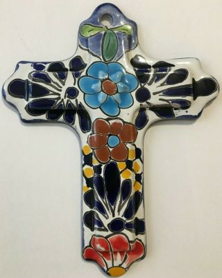 Talavera Wall Cross Colorful Ceramic Mexican Pottery Floral On White 8 " X 6.  5 "