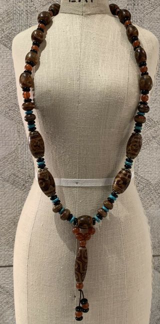 Tibetan Agate Dzi Bead Necklace W/ Prayer Bead Pendant 24 "