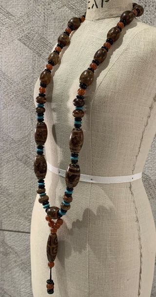 Tibetan Agate Dzi Bead Necklace W/ Prayer Bead Pendant 24 