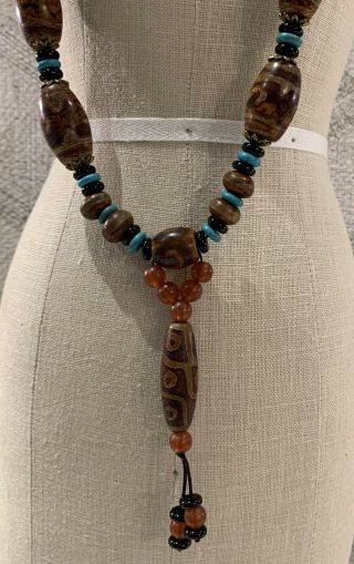 Tibetan Agate Dzi Bead Necklace W/ Prayer Bead Pendant 24 