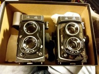 Vintage Two Seagull Sf 120 Tlr Camera W/ Huazhong 75mm F3.  5 Lenses - Shanghai
