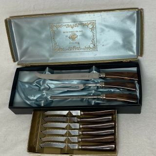 E Parker & Sons Vintage Sheffield England Carving Set & 6 Steak Knives Bakelite