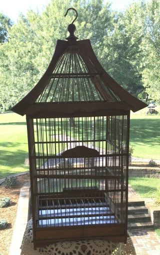 Vintage Hand Crafted Bamboo Wood Square Pagoda Style Bird Cage 24 " Tall
